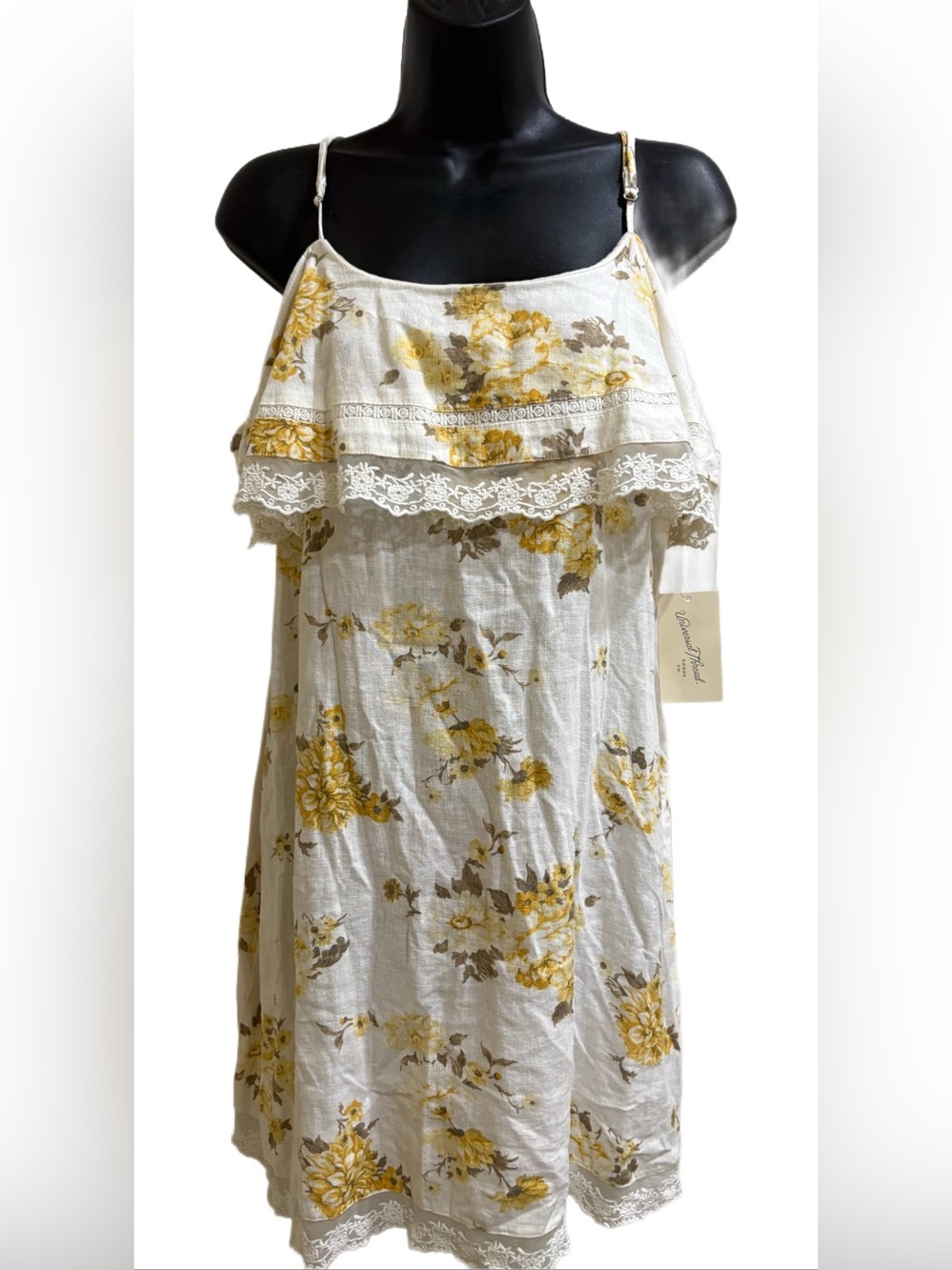 Floral Lace-Trim White & Yellow Spaghetti Strap Women's Dress ⭐️NWT⭐️
